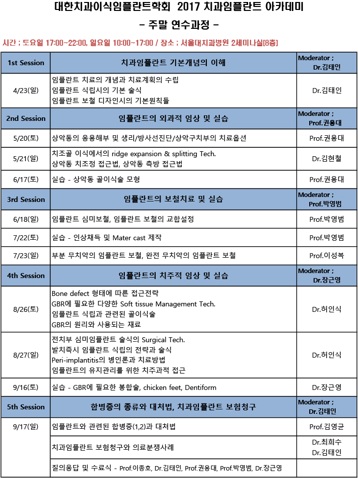 2017치과임플란트아카데미-주말연수과정 일정